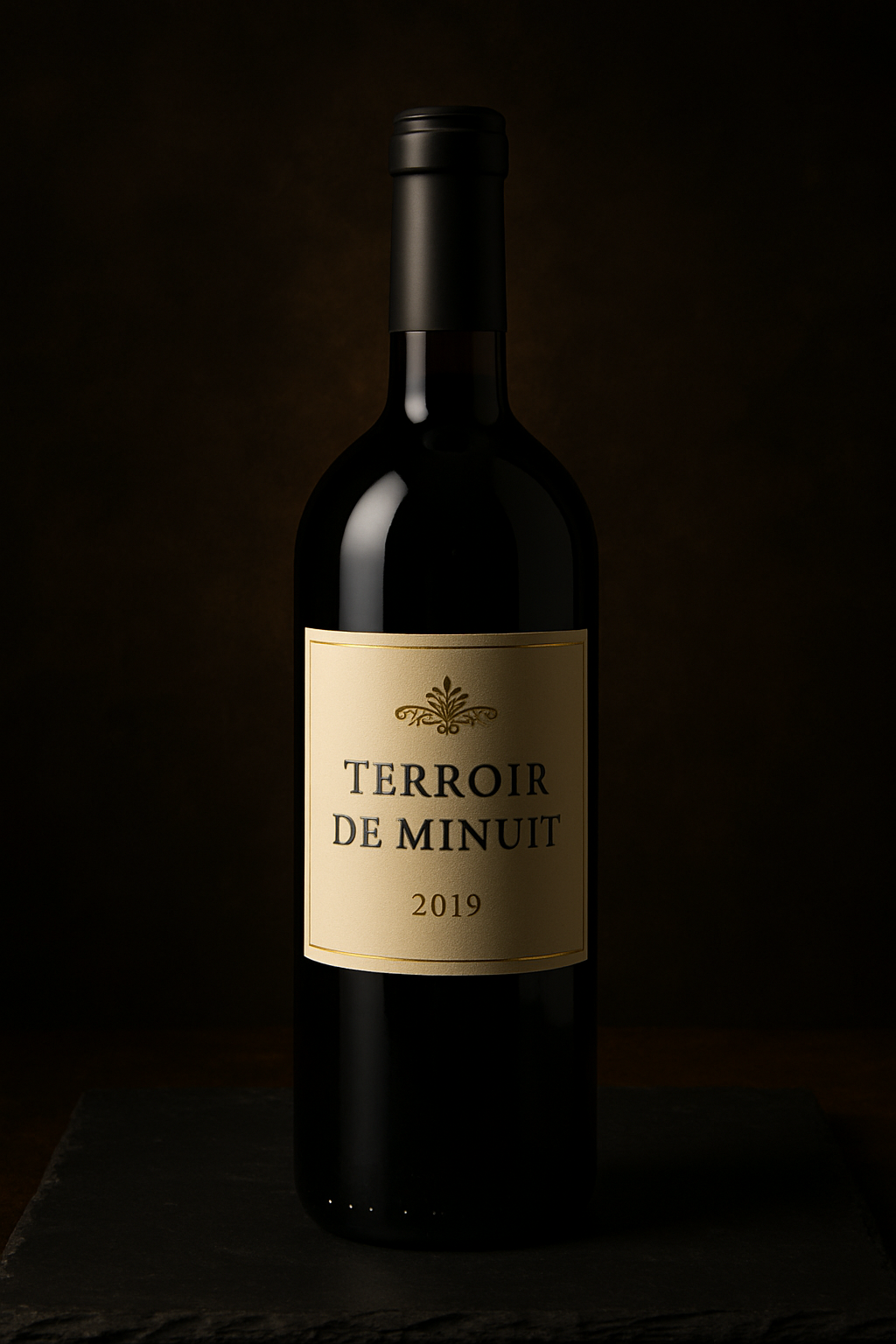 Bouteille de vin rouge Terroir de Minuit 2019 sur surface d'ardoise, éclairage dramatique