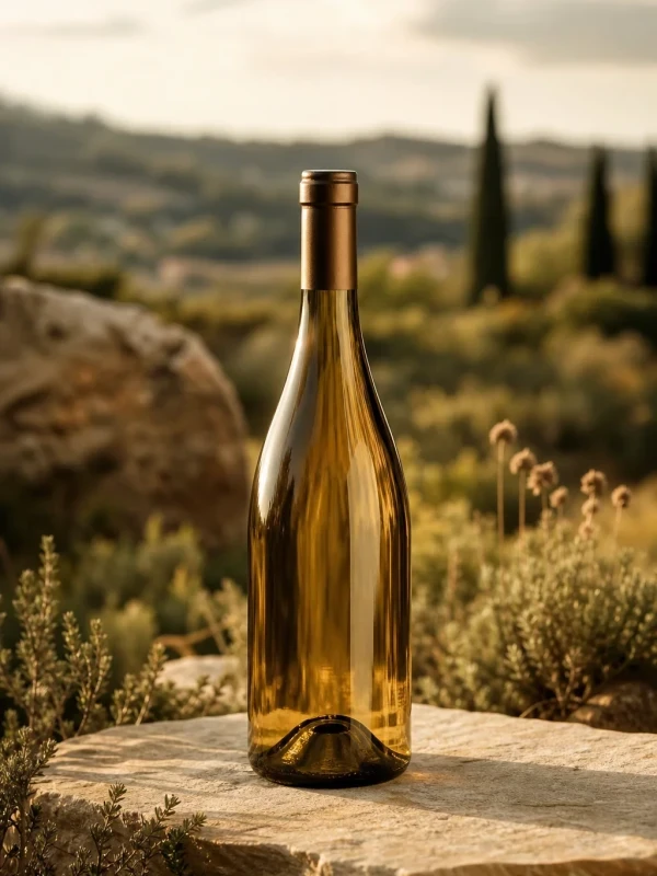 Bouteille de vin blanc Les Calades 2024 posée sur une dalle de pierre calcaire en garrigue