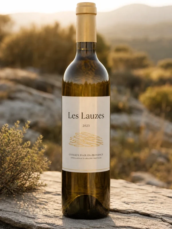 Bouteille de vin blanc Les Lauzes 2024 posée sur une dalle de pierre calcaire