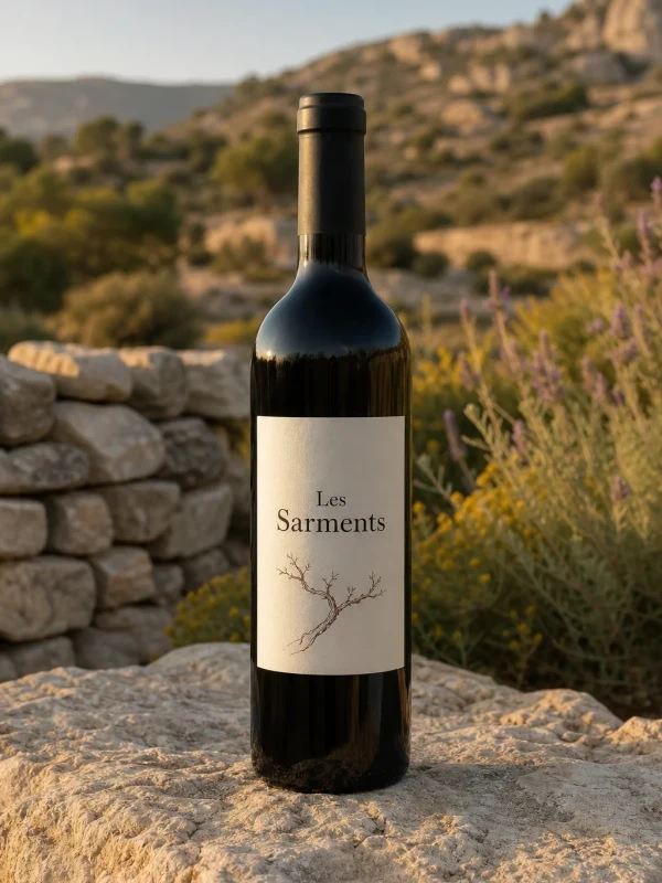 Bouteille de vin rouge Les Sarments 2024 posée sur une dalle de pierre calcaire en garrigue