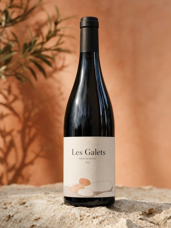 Bouteille de vin Les Galets Côtes du Rhône 2022 sur fond coloré...