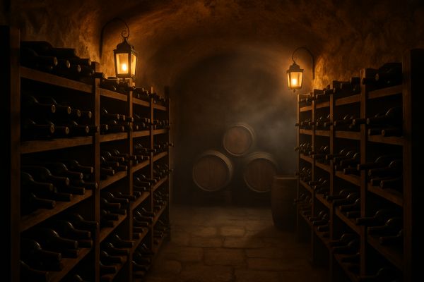 Une belle cave à vin avec bouteilles rangées sur des racks en bois, éclairage chaleureux ambré