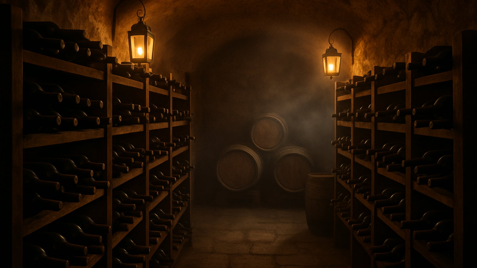 Une belle cave à vin avec bouteilles rangées sur des racks en bois, éclairage chaleureux ambré