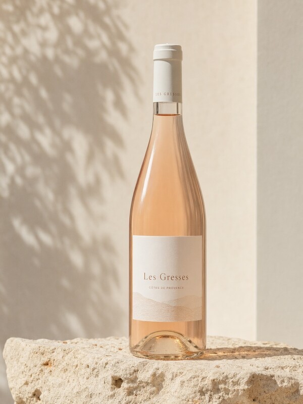 Bouteille de vin rosé Les Gresses sur un socle en pierre