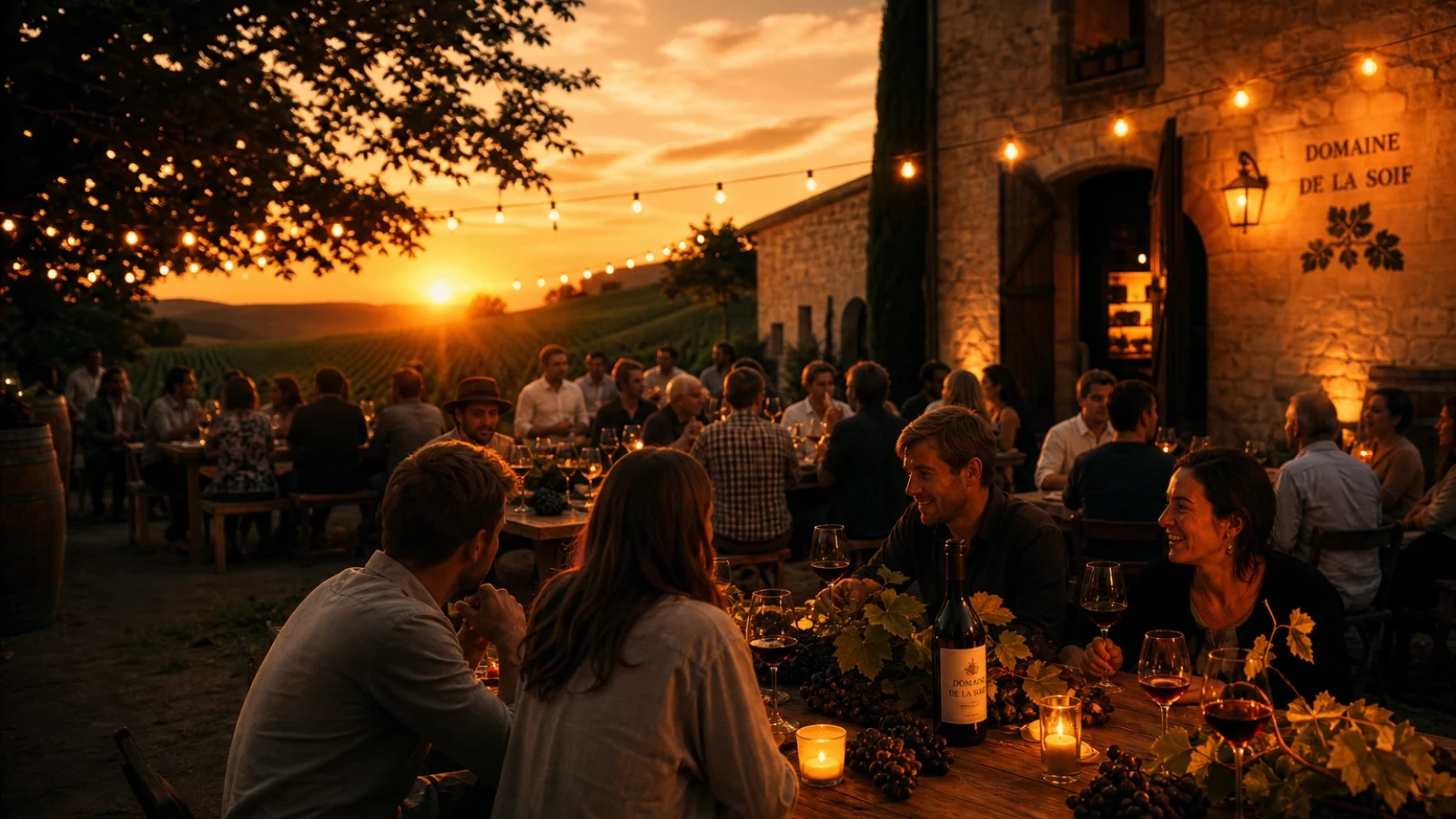 Soirée de vendanges conviviale dans un domaine viticole au coucher du soleil