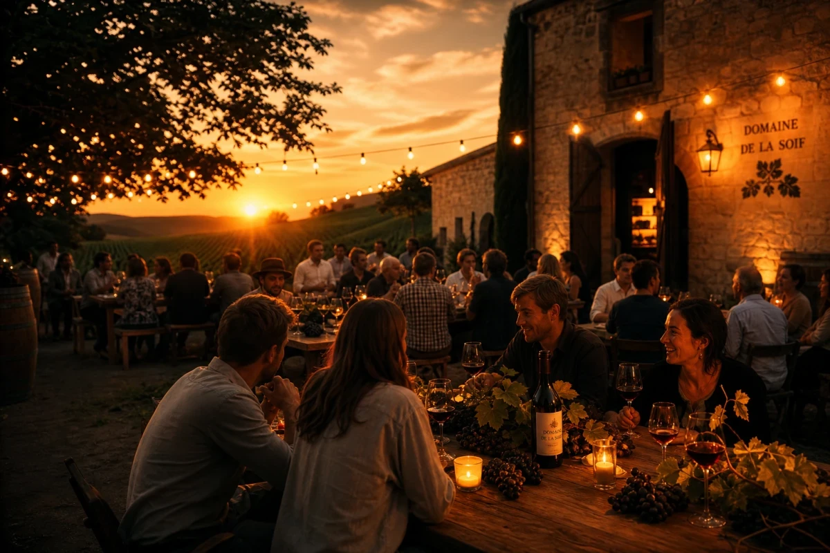 Soirée de vendanges conviviale dans un domaine viticole au coucher du soleil
