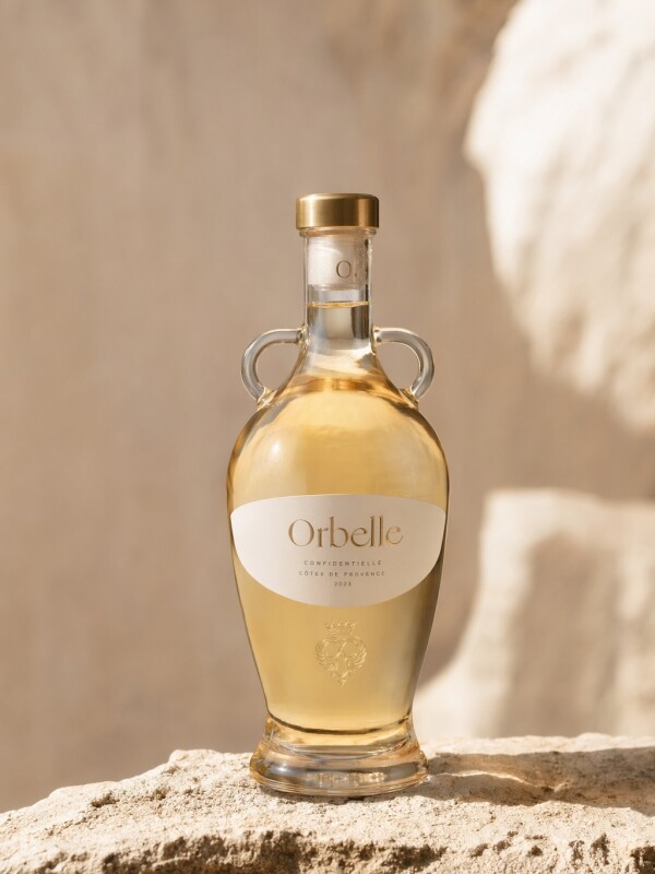 Bouteille de vin Orbelle Côtes de Provence 2023 sur un rocher