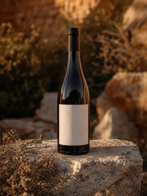 Bouteille de vin rouge Le Clos de Cérinhac 2023 posée sur une dalle de pierre calcaire en garrigue