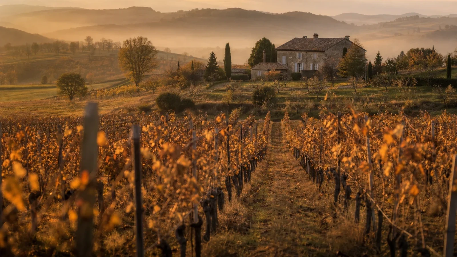 Rangs de vignes taillées à la tombée du jour, lumière dorée d'automne sur les coteaux