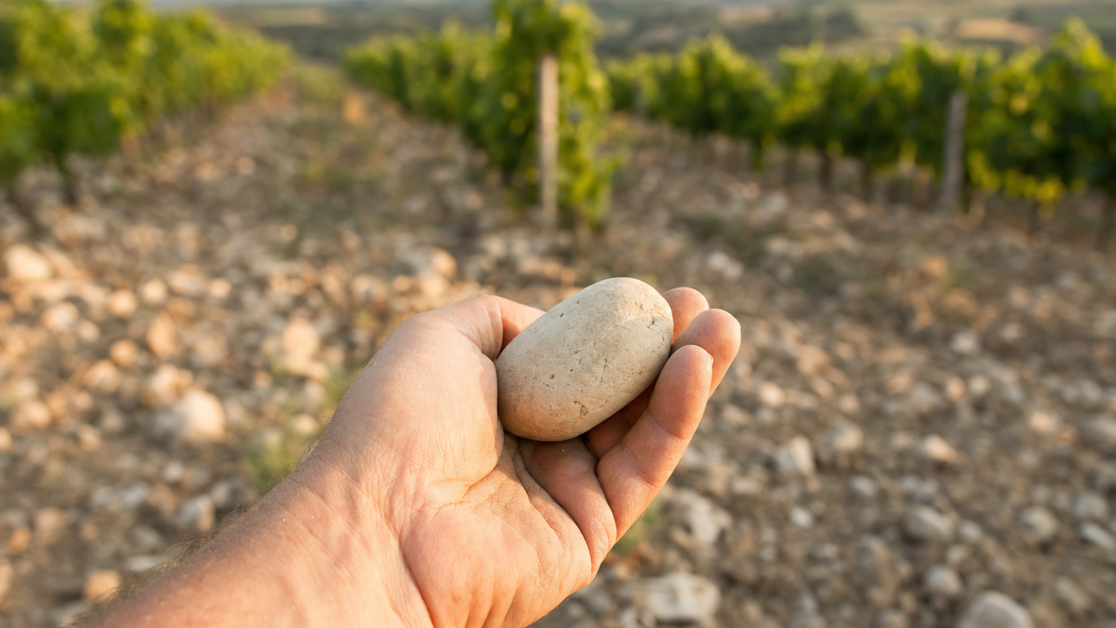 Main tenant une pierre avec des vignes en arrière-plan