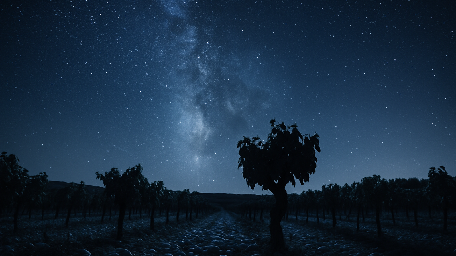 Vignes sous le ciel étoilé la nuit, voie lactée visible, galets roulés éclairés par la lune