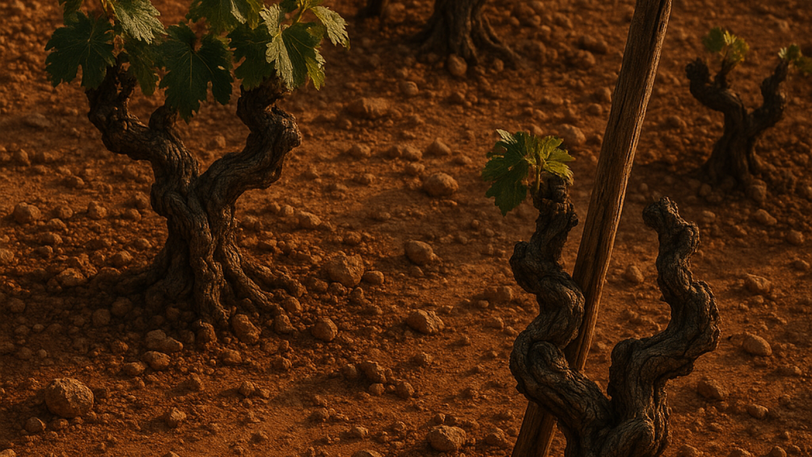 Vignes anciennes avec feuilles vertes sur un sol argileux