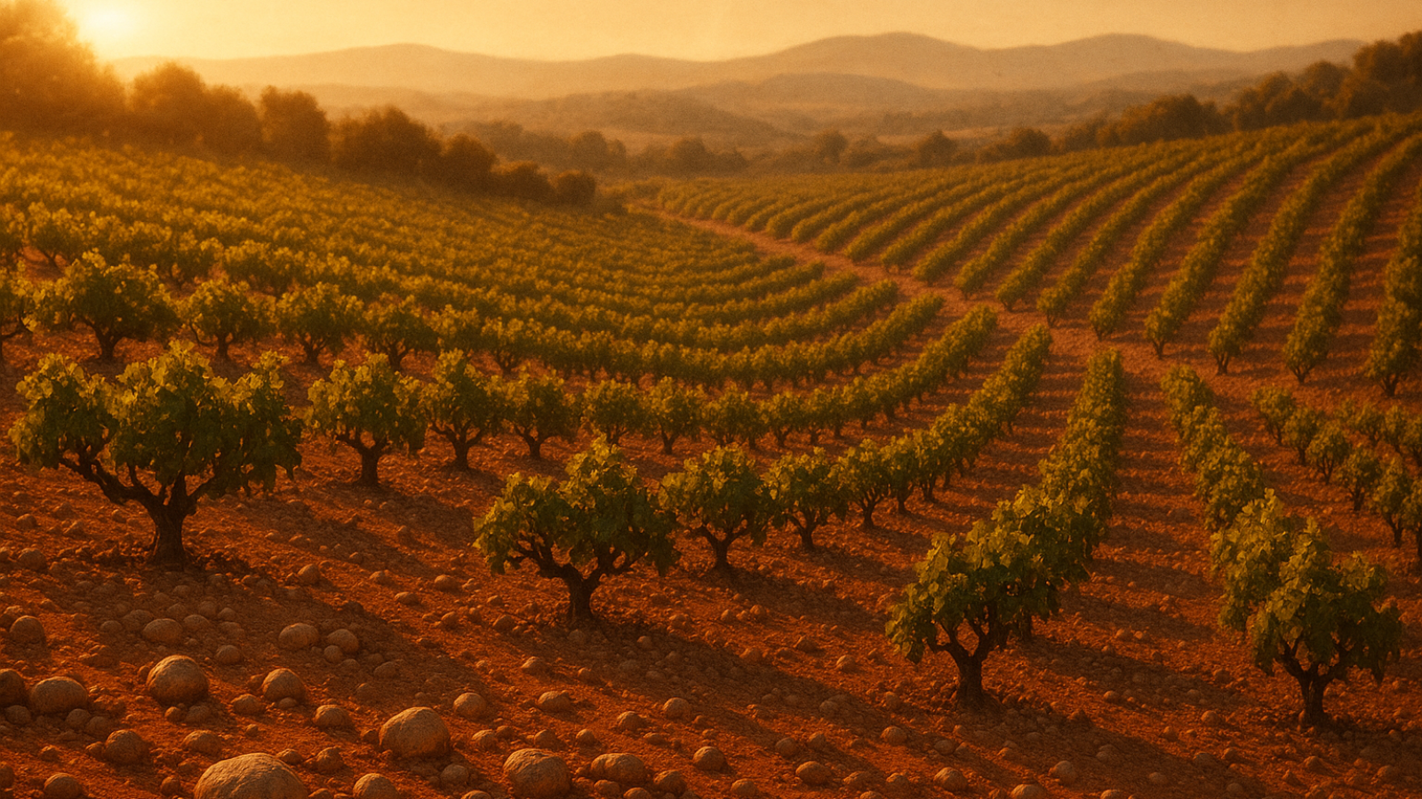 Vignoble de la parcelle fondatrice du Domaine des Grèzes Rouges au coucher du soleil, sol de galets rouges