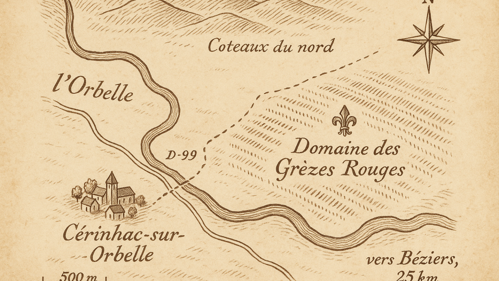 Carte ancienne manuscrite à l'encre sépia montrant la rivière Orbelle, le village de Cérinhac, la route D-99 et le Domaine des Grèzes Rouges