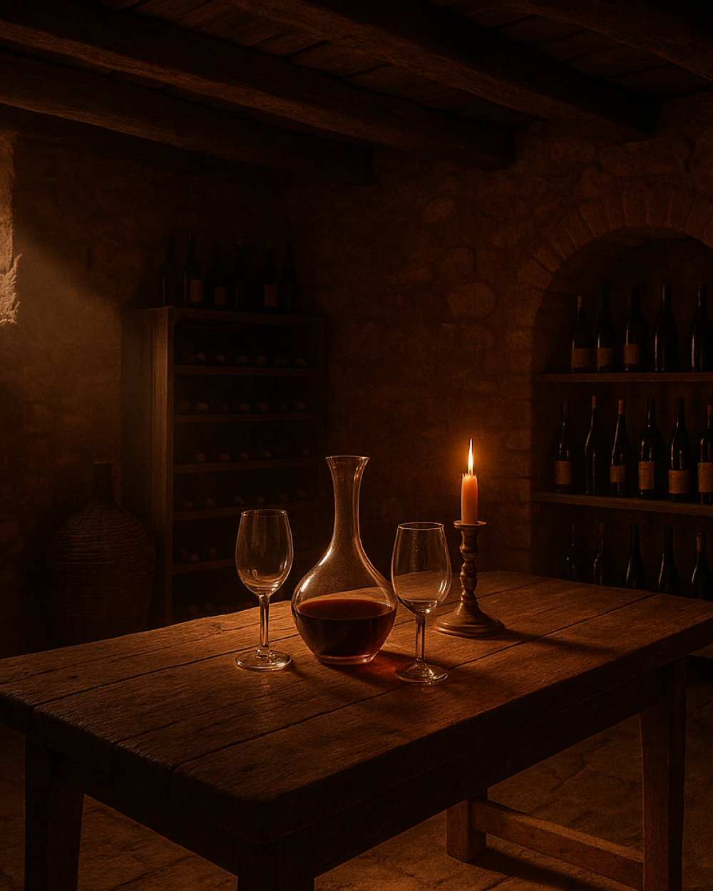 Cave voûtée du domaine, bouteilles en repos à la lueur d'une bougie