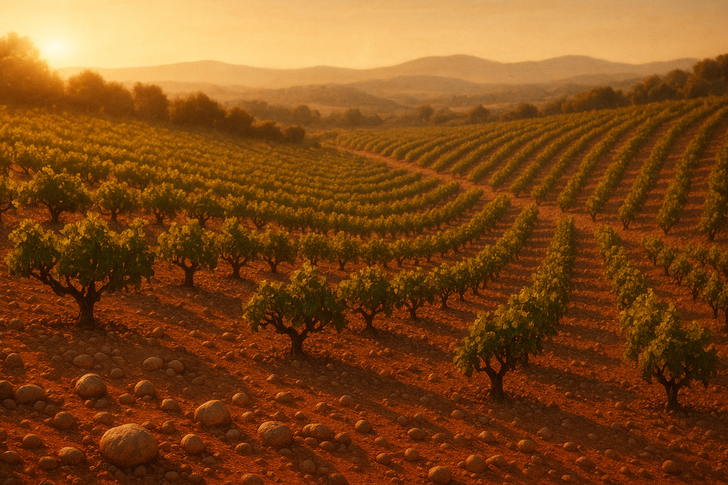 Vignoble verdoyant au coucher de soleil avec un sol rouge