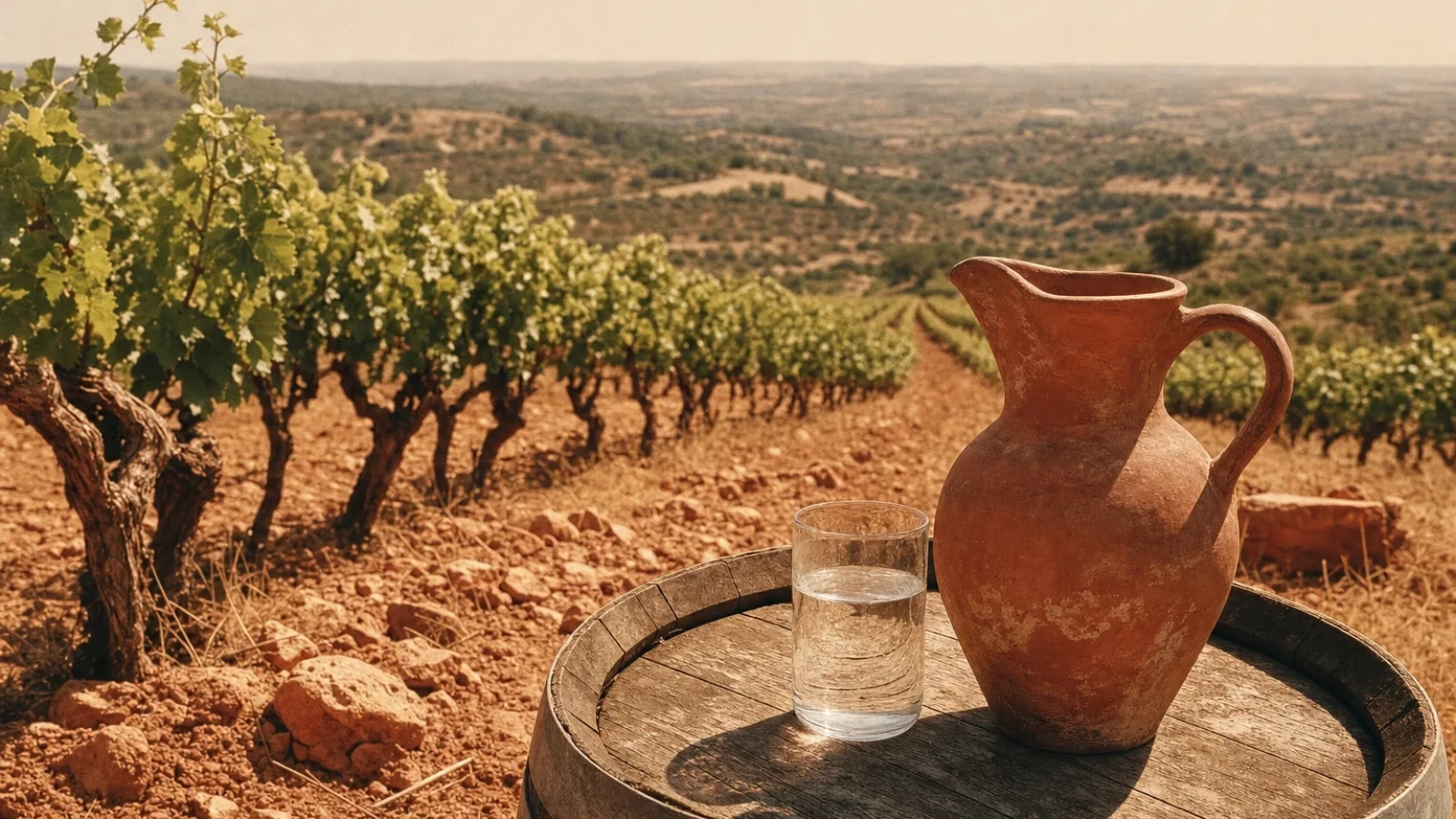 Vignoble sur coteau de pierre rouge sous un soleil de canicule, avec une cruche en terre cuite et un verre d'eau fraîche posés sur un tonneau en bois