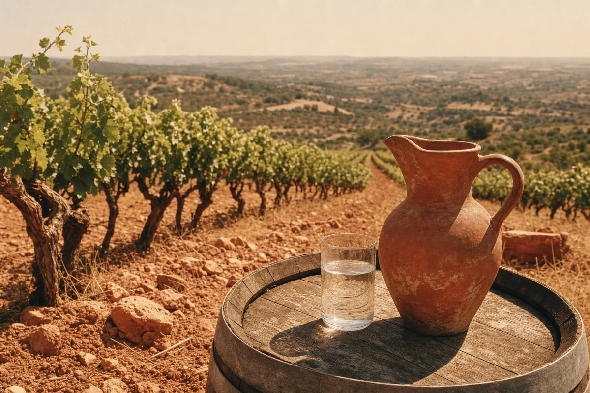 Vignoble sur coteau de pierre rouge sous un soleil de canicule, avec une cruche en terre cuite et un verre d'eau fraîche posés sur un tonneau en bois