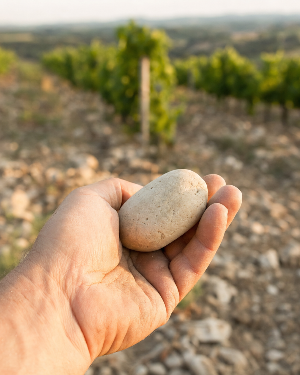 Main tenant une pierre avec des vignes en arrière-plan