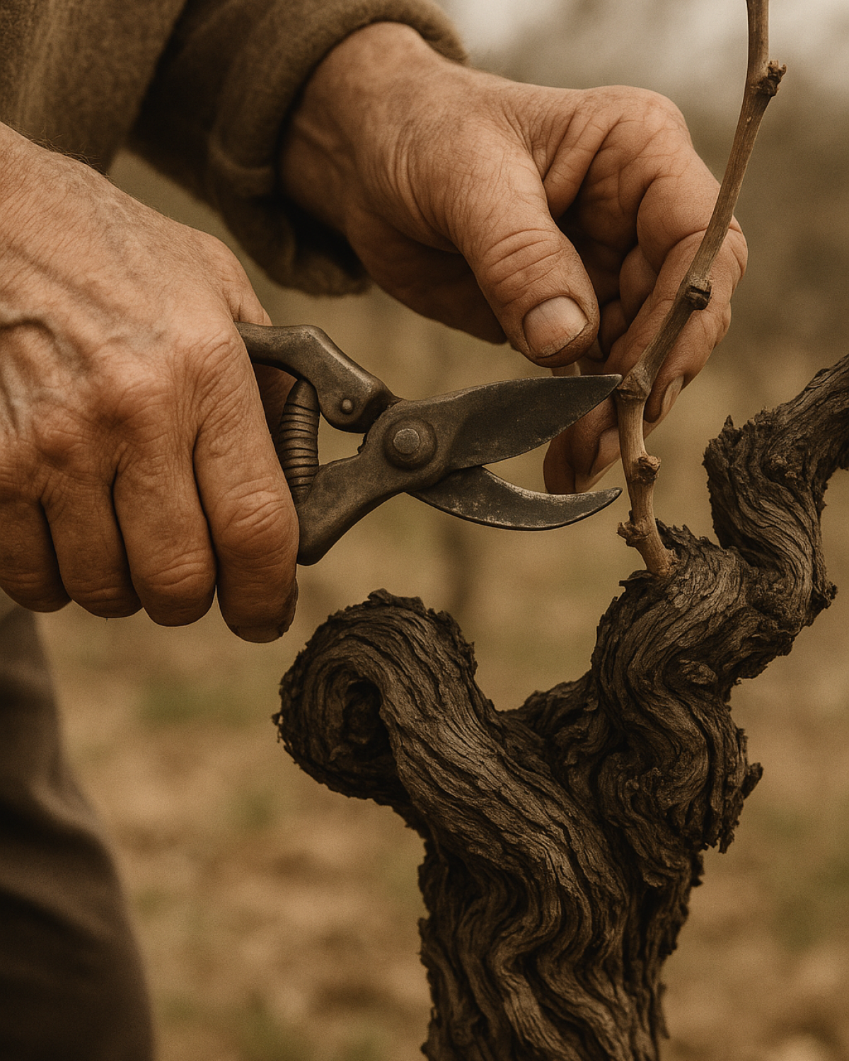Un viticulteur utilise des sécateurs pour tailler une vigne.