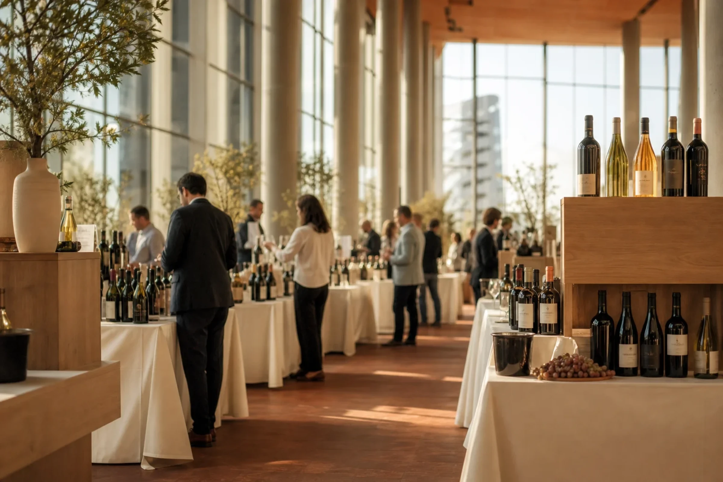 Intérieur d'un hall de salon professionnel du vin, stands en bois, bouteilles et visiteurs en lumière chaude