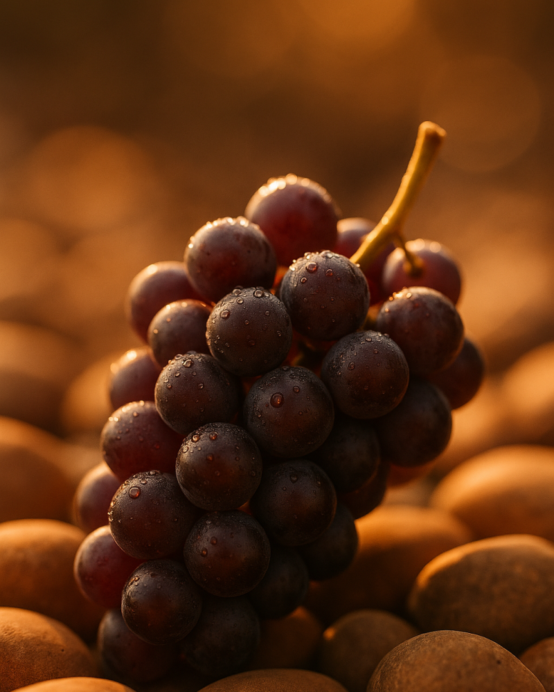 Grappe de raisins noirs avec des gouttes d'eau sur des galets
