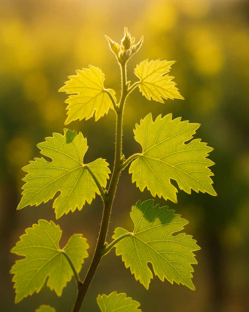 Jeune pousse de vigne avec des feuilles vertes au soleil