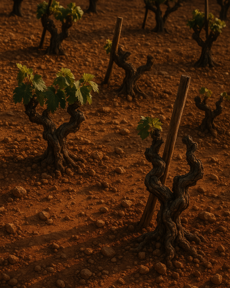 Vignes anciennes avec feuilles vertes sur un sol argileux