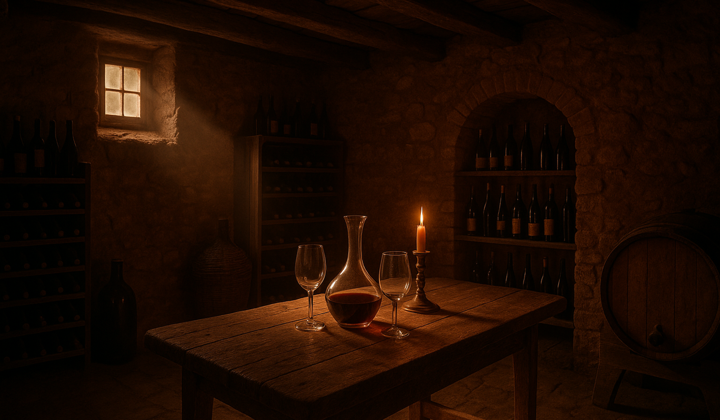 Cave à vin avec carafe, verres et bougie sur une table en bois