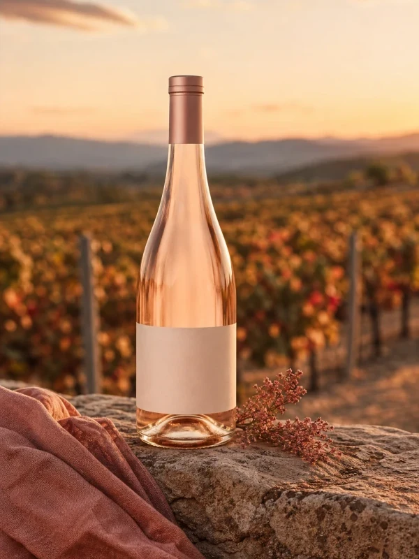 Bouteille de vin rosé posée sur un muret de pierre dans les vignes, lumière dorée