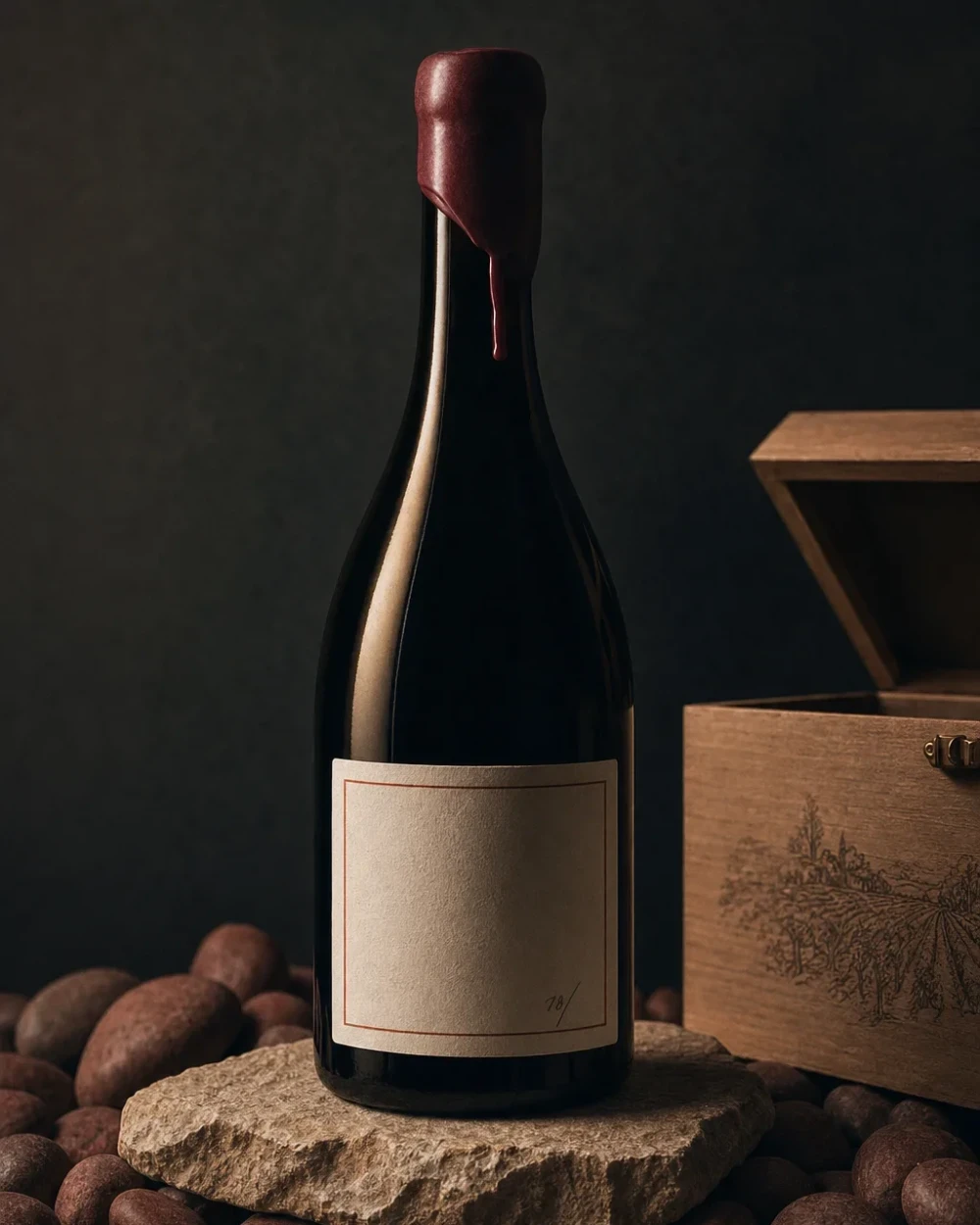 Bouteille numérotée de La Première Pierre 2021, cire bordeaux, posée sur des galets roulés et une pierre calcaire