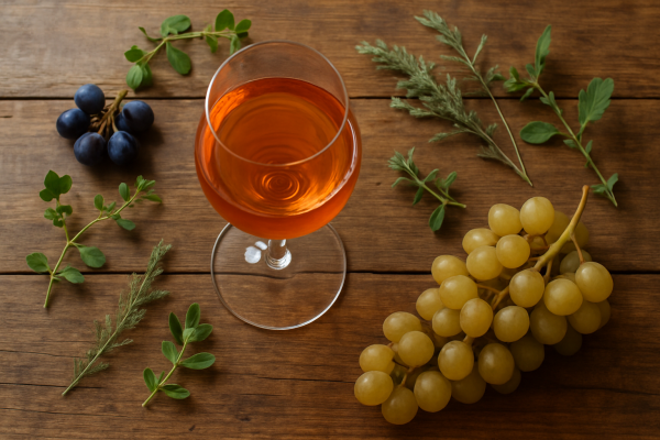 Verre de vin naturel ambré, raisins frais et herbes viticoles, lumière naturelle chaleureuse