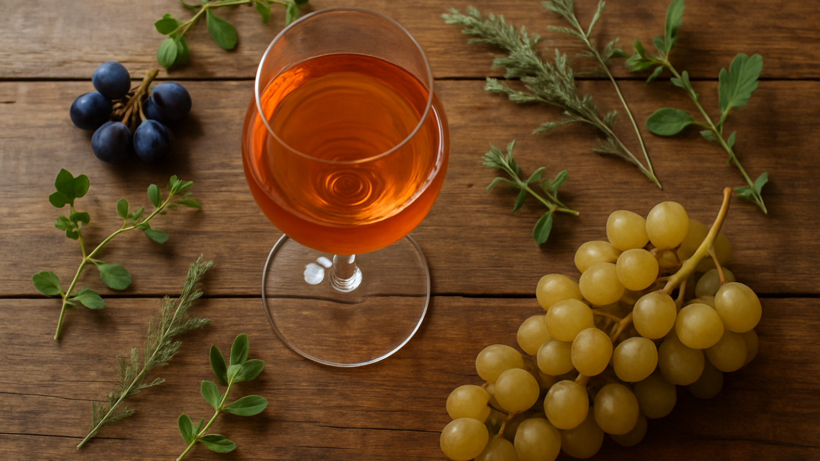 Verre de vin naturel ambré, raisins frais et herbes viticoles, lumière naturelle chaleureuse