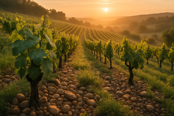 Vignoble en biodynamie au lever du soleil, galets roulés, rangées de vignes sur coteau, lumière dorée