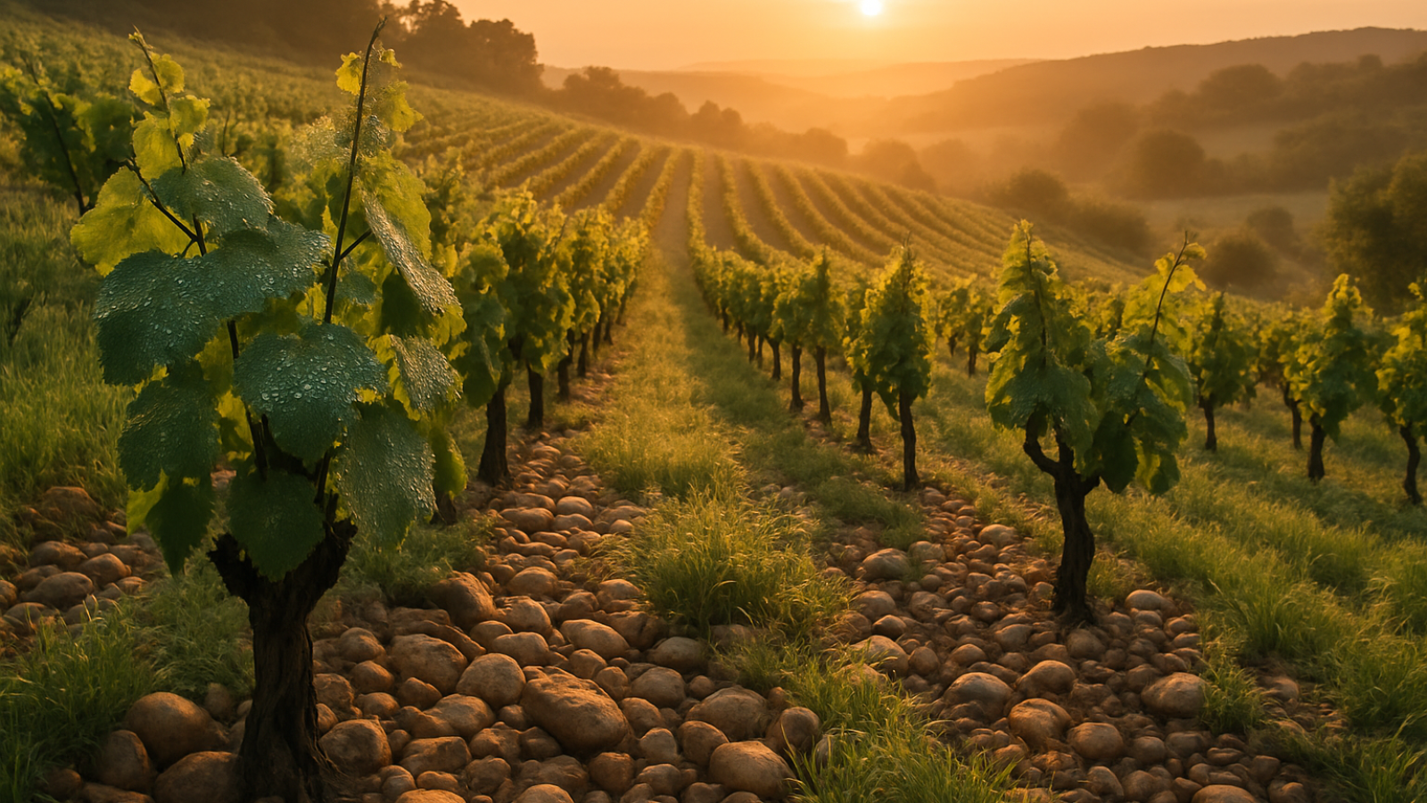 Vignoble en biodynamie au lever du soleil, galets roulés, rangées de vignes sur coteau, lumière dorée