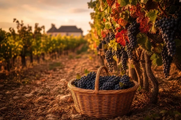 Rangée de vieilles vignes dorées par la lumière du soir, panier en osier rempli de raisins mûrs au premier plan