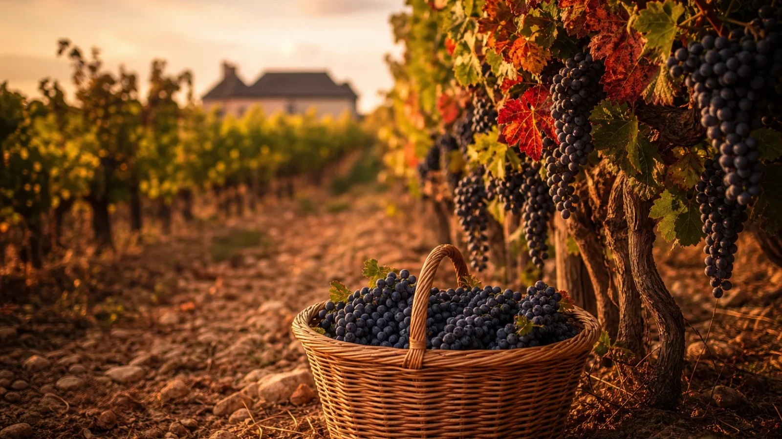 Rangée de vieilles vignes dorées par la lumière du soir, panier en osier rempli de raisins mûrs au premier plan