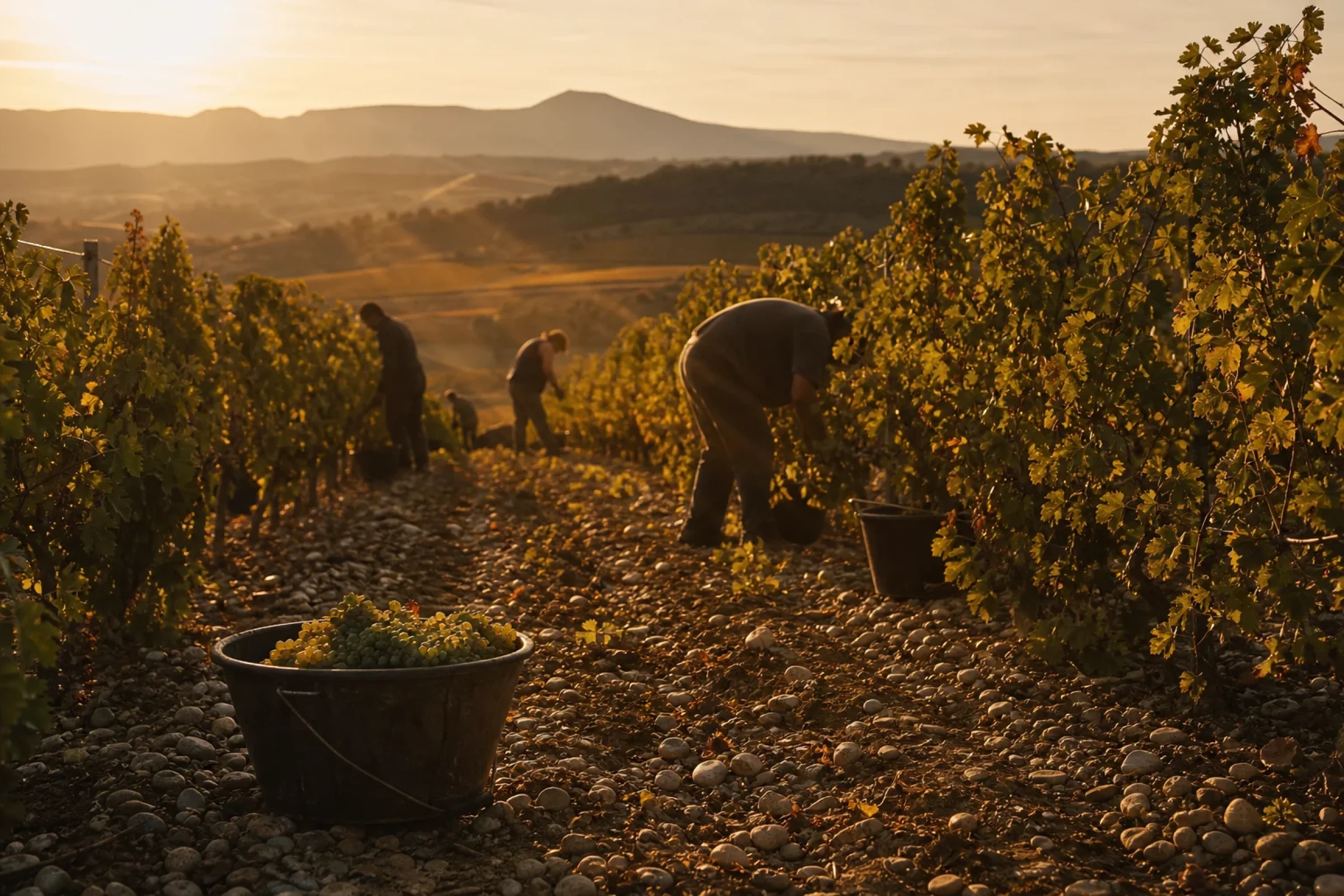 Rangs de vignes au coucher du soleil pendant les vendanges