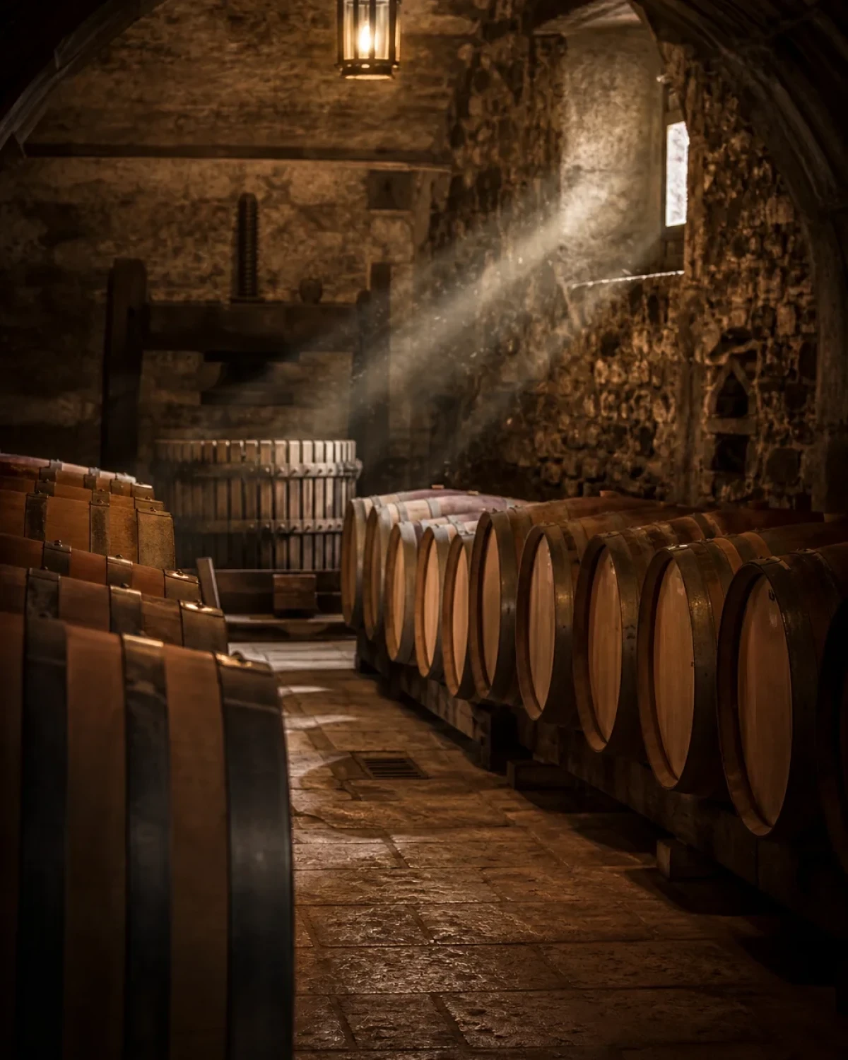 Cave en pierre avec rangées de barriques et lumière chaude