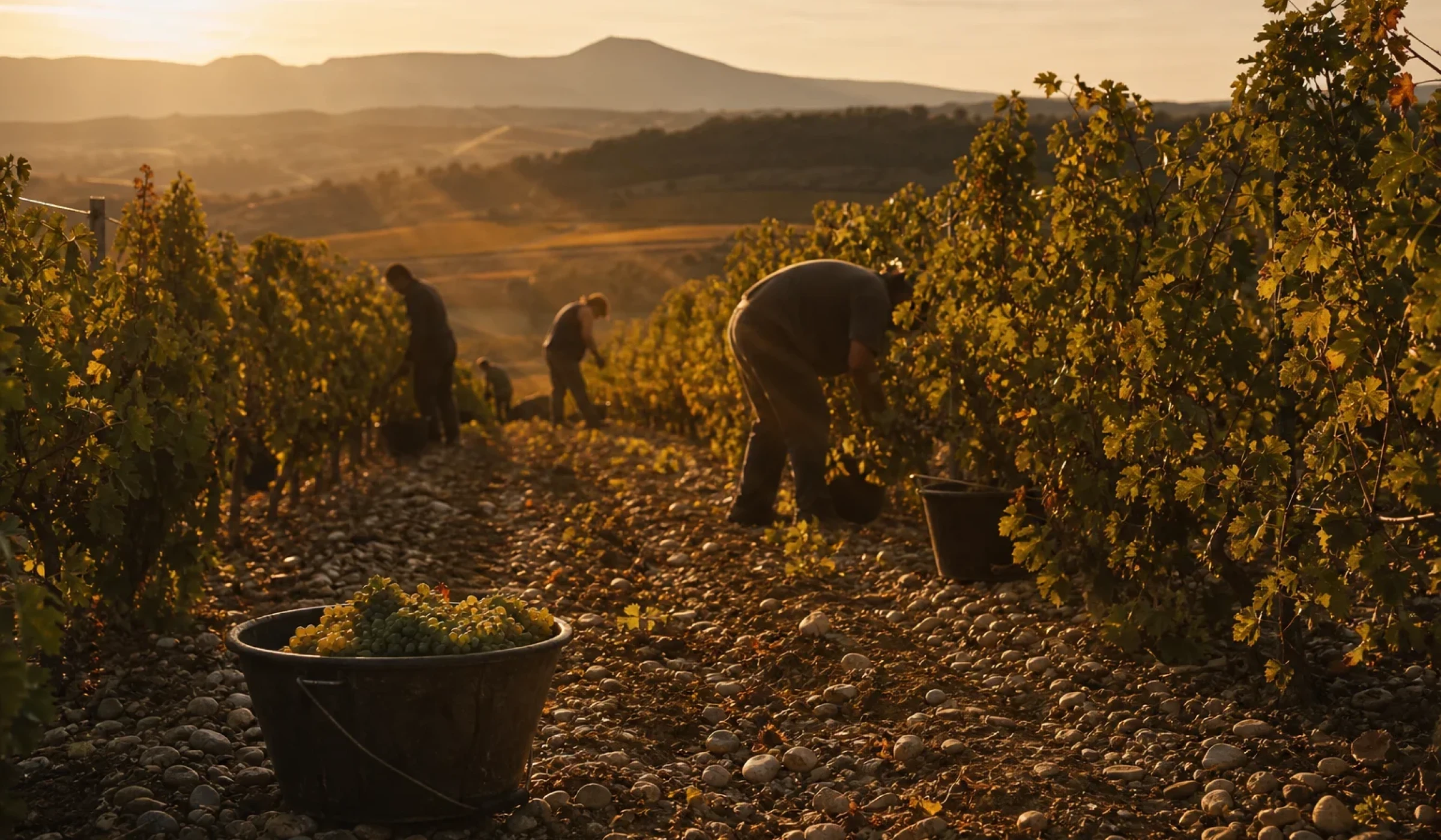 Rangs de vignes au coucher du soleil pendant les vendanges