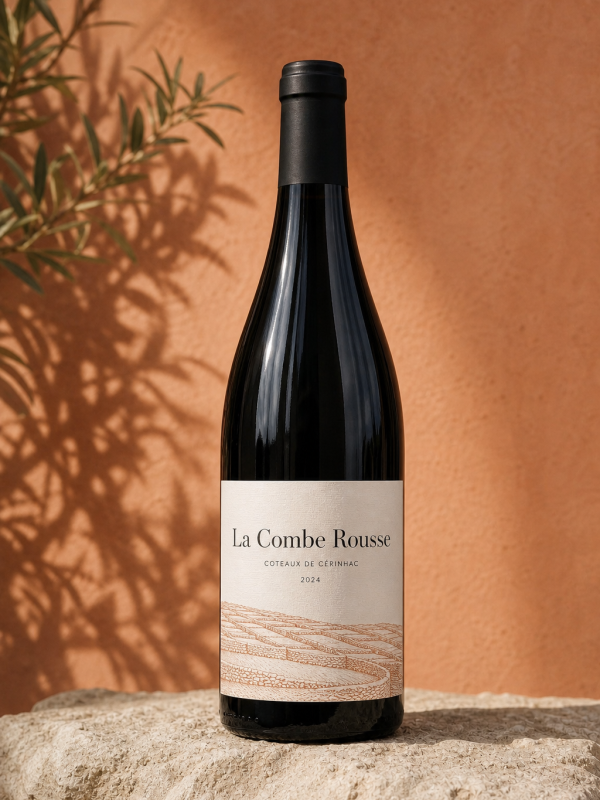 Bouteille de vin rouge La Combe Rousse 2024 sur un socle en pierre calcaire