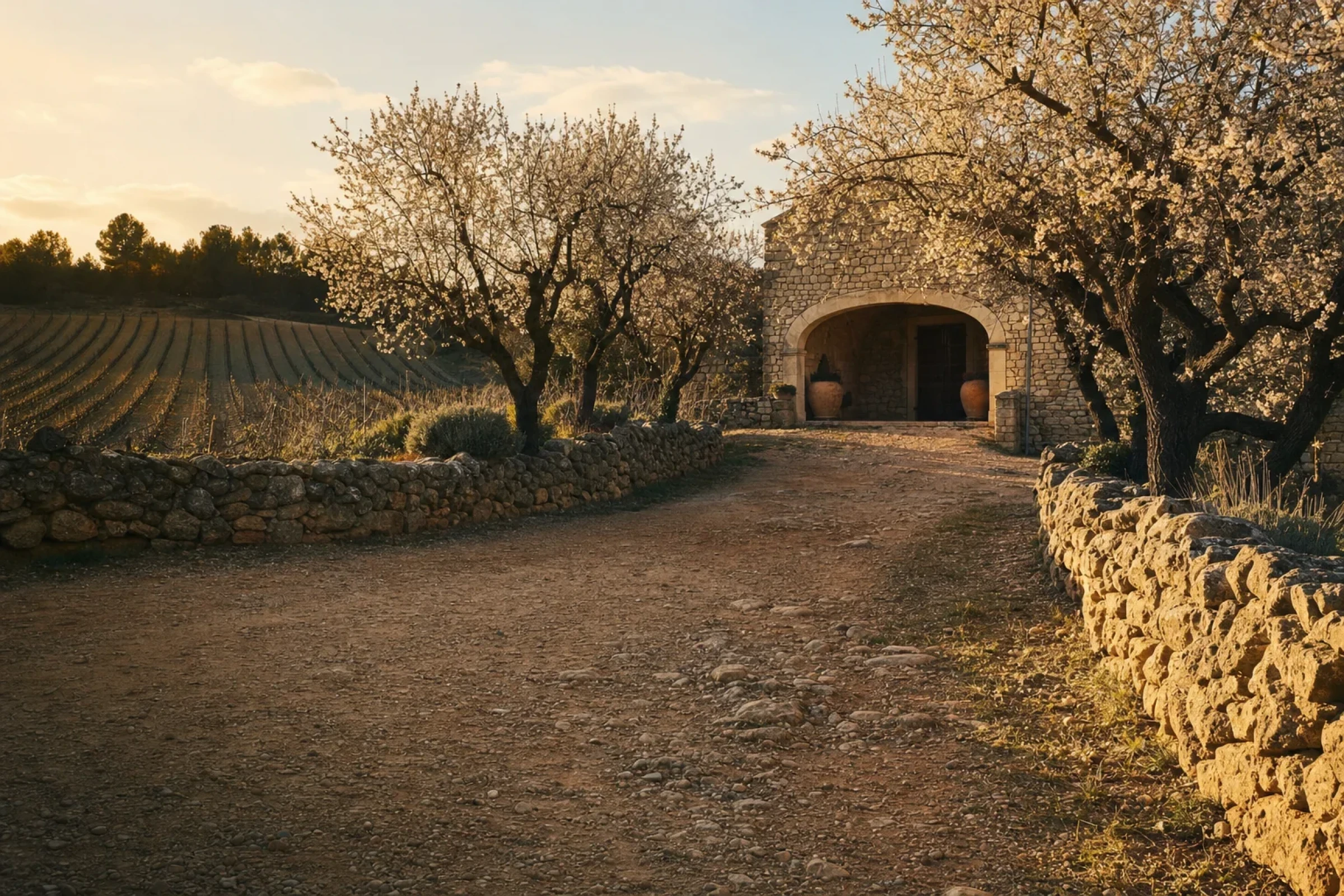 Almond-tree lane leading to the stone porch of the cellar, in the evening light