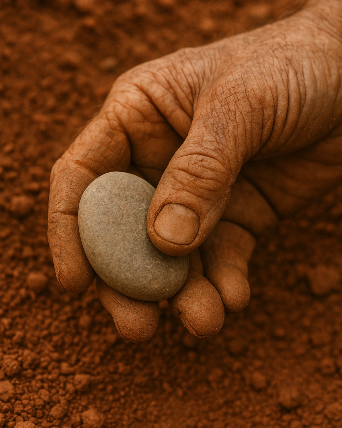 Hand holding a stone over red soil