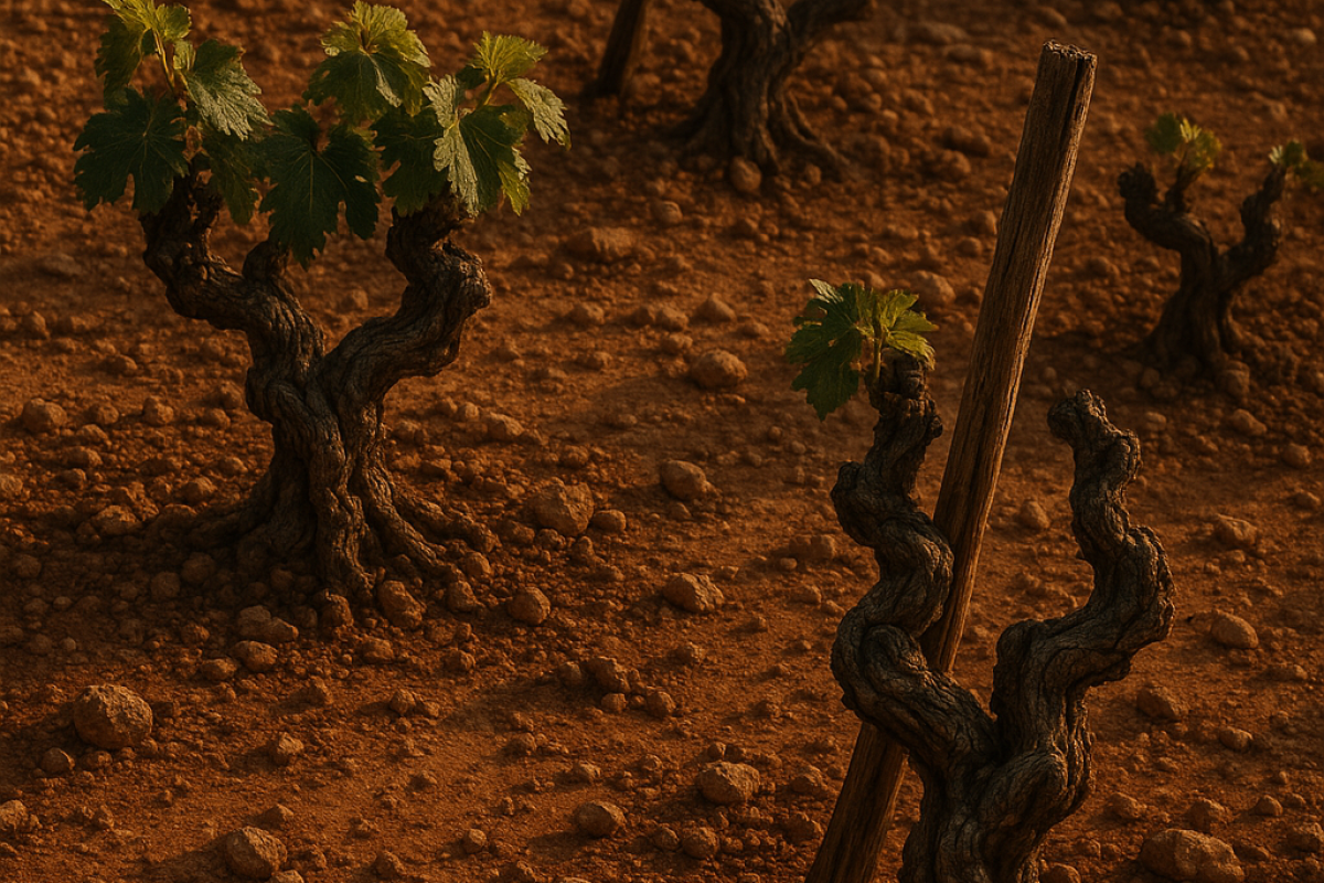 Vignes anciennes avec feuilles vertes sur un sol argileux