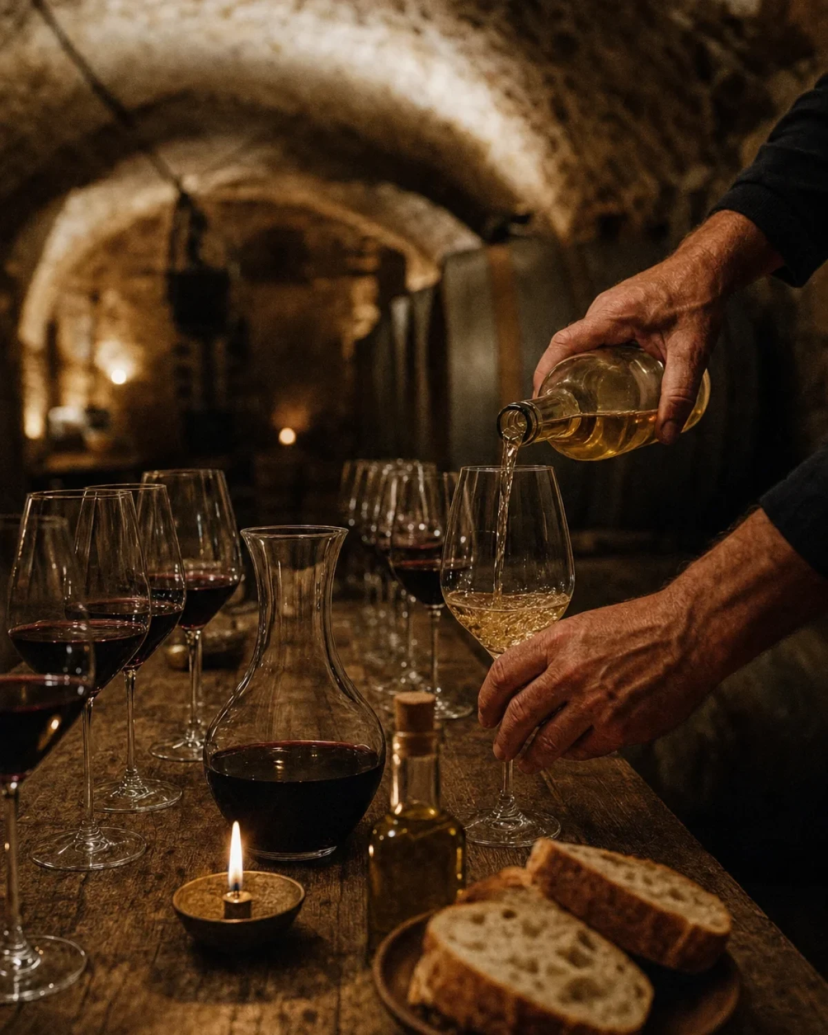 Table de dégustation dressée dans la cave voûtée : verres, carafe, pain et huile d'olive
