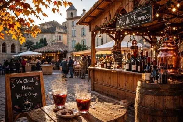 Marché de vin d'hiver en village avec stands en bois, vin chaud et lumières chaleureuses